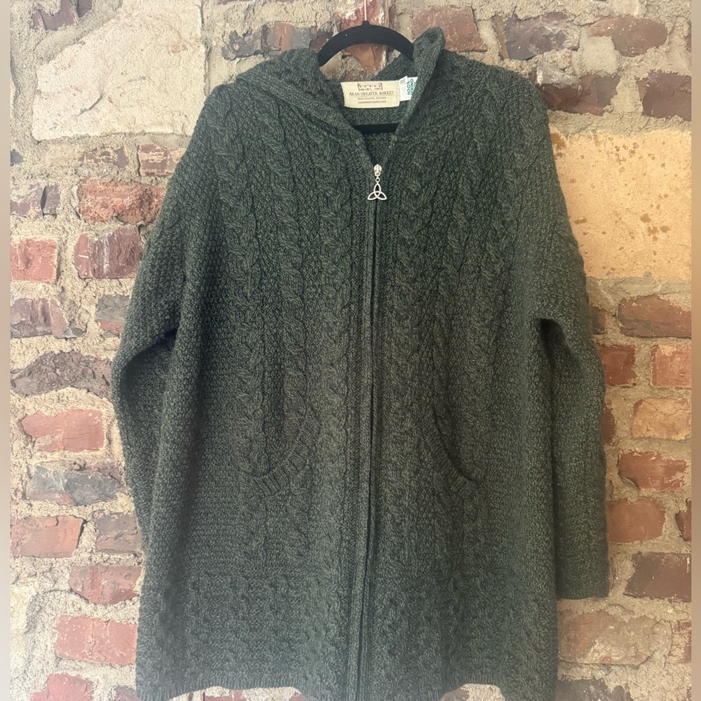 Merino Wool Green Hooded Cable Knit Cardigan - XXL